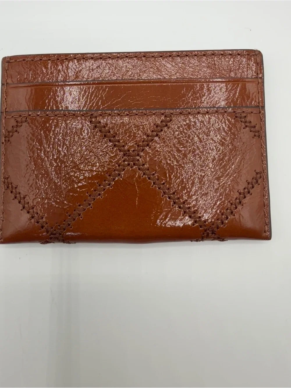 Tory Burch Willa Shine Slim Card Case Java Brown Crinkle Leather Quilted NWOT
